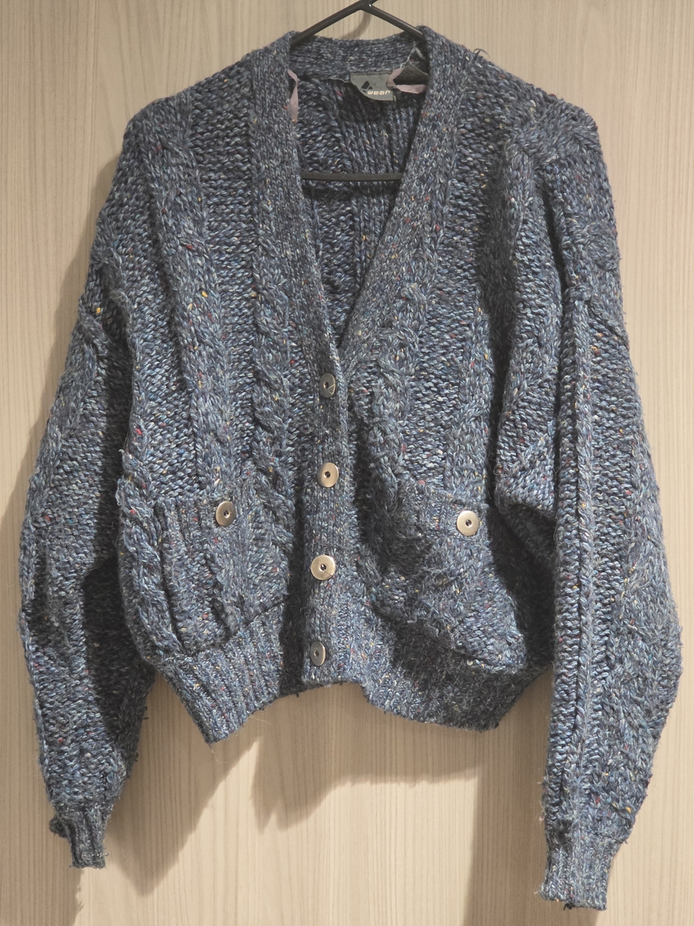 Blue Tweed Cable Button-Up Cardigan Sweater